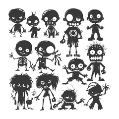 silhouette hand drawn cute zombie kawaii doodle collection set