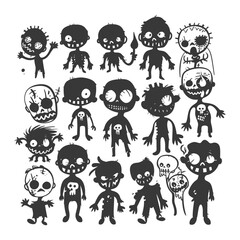 silhouette hand drawn cute zombie kawaii doodle collection set