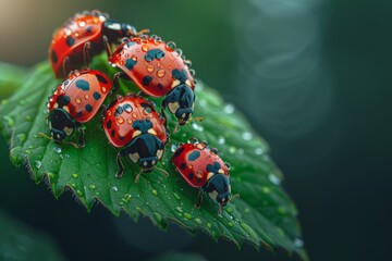 Naklejka premium Ladybugs with red and black spots gather on a fresh green leaf, its surface adorned with shimmering raindrops.