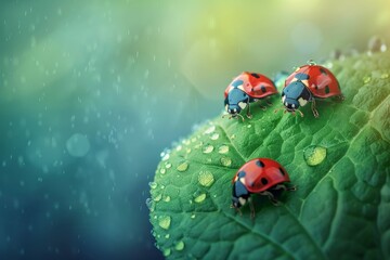 Obraz premium Ladybugs with red and black spots gather on a fresh green leaf, its surface adorned with shimmering raindrops.