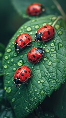 Obraz premium Ladybugs with red and black spots gather on a fresh green leaf, its surface adorned with shimmering raindrops.