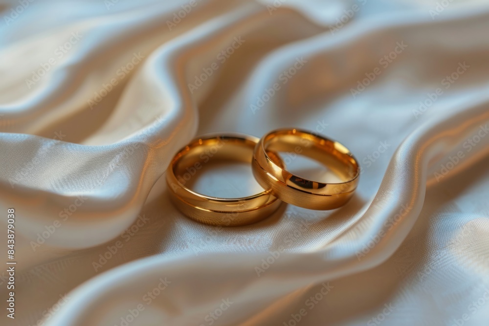 Wall mural Wedding gold rings on silk fabric