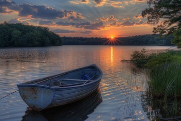 Fototapeta premium A late summer sunset over a serene lake with a small boat and fishing gear. 