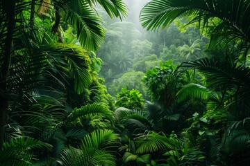 Naklejka premium A vibrant rainforest teeming with lush greenery, abundant with towering trees and a plethora of exotic plants.