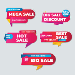 Sale Label collection set. Set ribbon banner and label sticker sale offer and badge tag sale advertising. Discount red ribbons, banners and icons. Cffer discount coupons. Vector illustration.Sale Labe