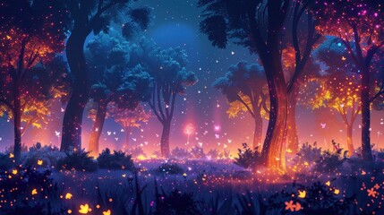 Obraz premium Minimal neon forest with playful fireflies and glowing trees