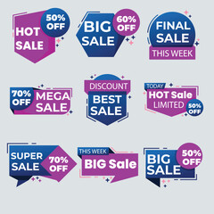 Sale Label collection set. Set ribbon banner and label sticker sale offer and badge tag sale advertising. Discount red ribbons, banners and icons. Cffer discount coupons. Vector illustration.Sale Labe