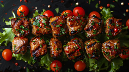 Fototapeta premium Close-up of a group of vegetable and meat skewers on the grill with a blazing fire flame