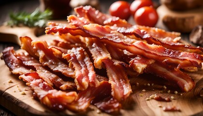 Fried bacon on wooden board, closeup
