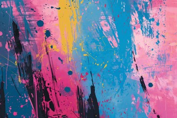 Colorful abstract background with dynamic acrylic paint splatters and brush strokes