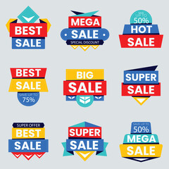 Sale Label collection set. Set ribbon banner and label sticker sale offer and badge tag sale advertising. Discount red ribbons, banners and icons. Cffer discount coupons. Vector illustration.Sale Labe