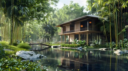 Obraz premium House in a cool and lush tropical forest, small lake in front, surrounded by bamboo trees and greenery