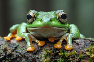 A vibrant green frog with a wide, almost laughing expression, perched on a moss-covered branch, featuring bright orange toes and striking, big eyes