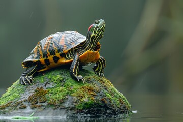 Obraz premium A red-eared slider sits on a green rock by the riverbank, basking in the sunlight.