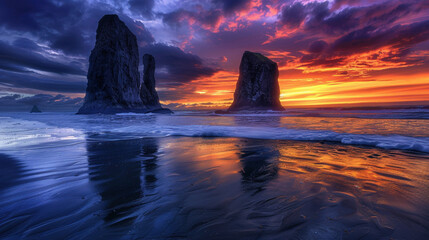 Fototapeta premium Secluded Beach with Majestic Rock Formations at Twilight