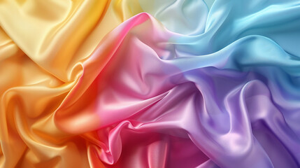 Obraz premium Close-up of vibrant, textured, colorful silk fabric, rainbow gradient in yellow, orange, pink, purple, blue hues