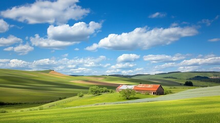 Naklejka premium A panoramic view of a picturesque countryside landscape with rolling green hills, a rustic farmhouse, and expansive farmland fields under a bright blue sky.