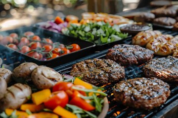 Obraz premium A summer barbecue with a grill, sizzling burgers, and colorful salads. 