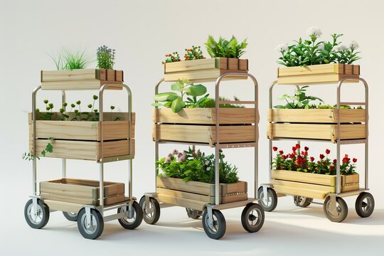 Wooden garden carts filled with lush plants. Vibrant and healthy greenery in wheeled planters organized in rows. Ideal for gardening content and home decor inspiration. Generative AI