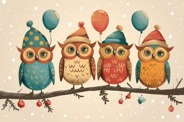 Fototapeta premium Festive owls on tree in cartoon style, birthday greeting card