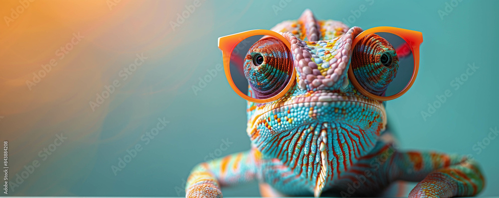 Wall mural Photo of A chameleon wearing sunglasses on green background, colorful, funny animal character illustration. banner with copy space for advertising concept.