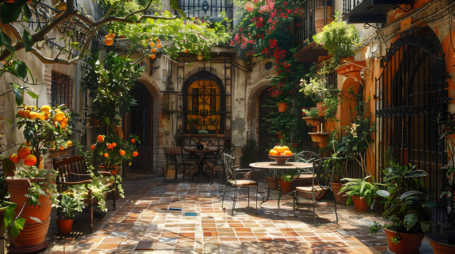 Mediterranean Patio Terrace, terracotta tiles, mosaic tables, potted citrus trees, and wrought iron chairs