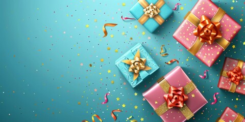 Birthday gift boxes on blue background. Copy space for text