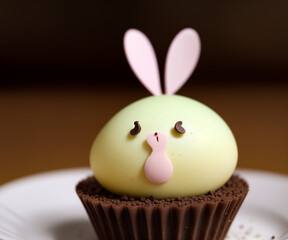 Chocolate cake with bunny decoration. Generative AI