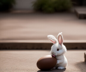A cute little bunny licks a chocolate egg with its pink tongue. Generative AI