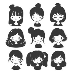 Nine Doodle Girls: Bun Hairstyles & Varying Bangs - Black & White Cartoon Portraits