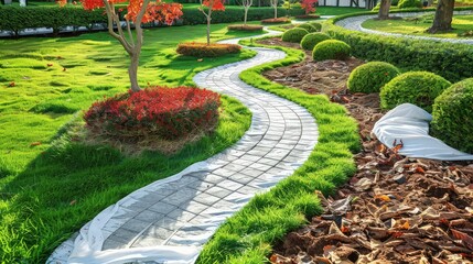 Garden landscape design with pathway intersecting bright green lawns and shrubs white sheet walkway in the garden. Landscape design with colorful shrubs. grass with bricks pathways. lawn care service.