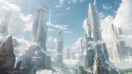 Breathtaking Futuristic Fantasy Landscape with Towering Skyscrapers and Ancient Castles