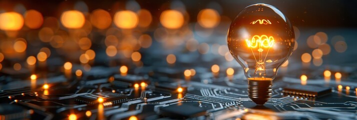 Close-up of a glowing light bulb on a circuit board, symbolizing innovation, technology, and creativity in a modern world.