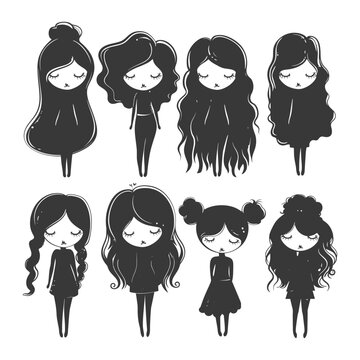Silhouetted Girls: Stylized Fashion Avatar Icons, Cartoon Women with Varied Hairstyles.