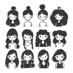 Doodle Girls: Cartoon Faces, Various Hairstyles, Black and White Outline Illustration