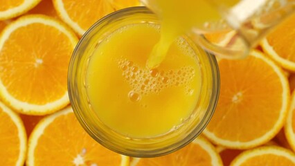 Pouring orange juice in glass, top view - Powered by Adobe