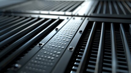 Close-up view of futuristic metallic structure with intricate grid design and sleek metal components, perfect for technology and industrial themes.