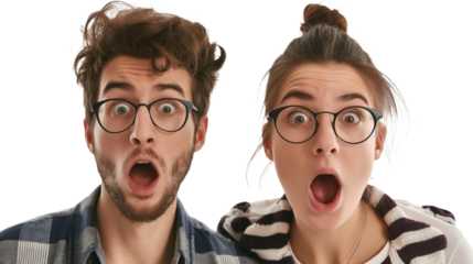 Extremely happy impressed shocked surprised caucasian young couple 