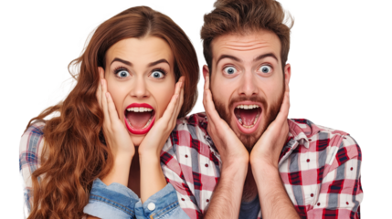 Young man and woman with surprised expressions celebrating lottery win on transparent background.
