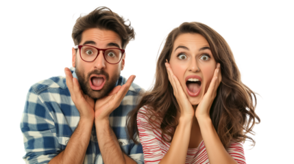  A surprised man and woman celebrating winning money in lottery with transparent background.