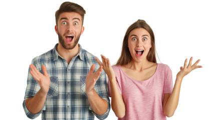 Happy couple looking surprised while celebrating winning money in lottery on transparent background.