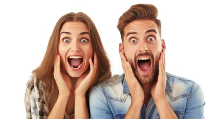 happy amazed couple of young people, white background