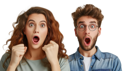 Winners victory. Happy young couple girlfriend and boyfriend celebrating winning money in lottery with transparent background