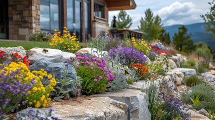 Fototapeta premium Pollinator-Friendly Terraced Garden, variety of flowers and shrubs attracting bees, butterflies, and other pollinators