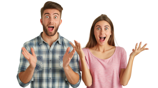 Happy couple looking surprised while celebrating winning money in lottery on transparent background. - Powered by Adobe