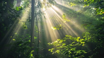 Spectacular sun rays shining through woods and tree in the dense forest. Green and lust forest on a beautiful summer day