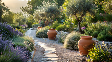 Mediterranean Terraced Garden with  terracotta pots, olive trees, lavender, rosemary, other Mediterranean plants