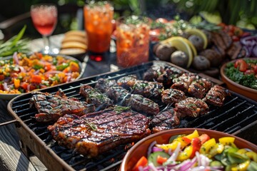 Obraz premium A summer barbecue with a grill, sizzling burgers, and colorful salads. 