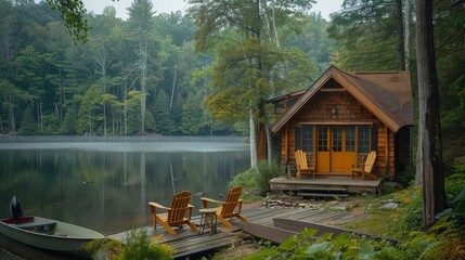 Lakeside retreat: A cabin by a serene lake with a dock, rowboat, and Adirondack chairs.