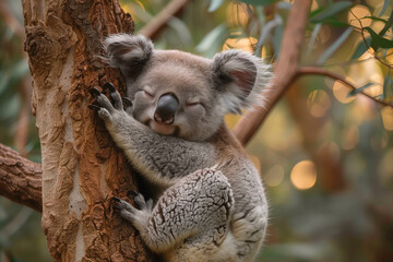 Fototapeta premium A koala peacefully resting and hugging a tree branch with its eyes closed, looking content and cozy